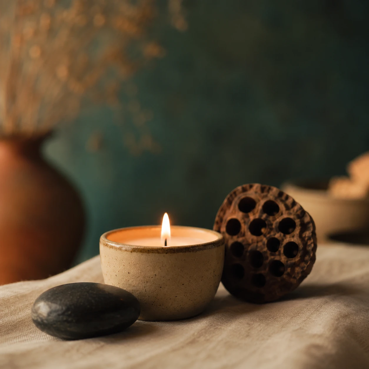 Ambiance zen, bougie et lotus, soin Chi Nei Tsang Hyères