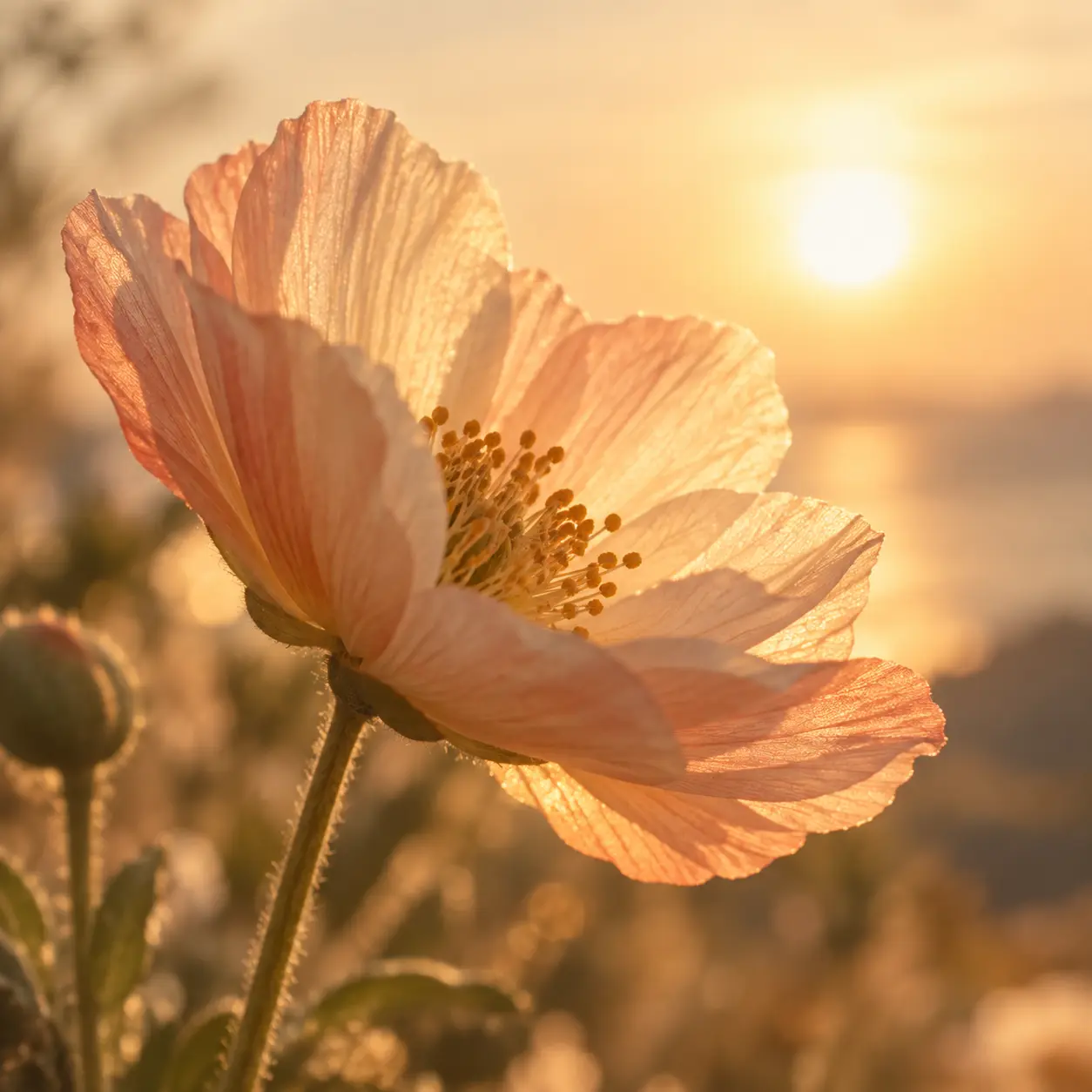 Fleur en éclosion au lever du soleil, symbole de renaissance